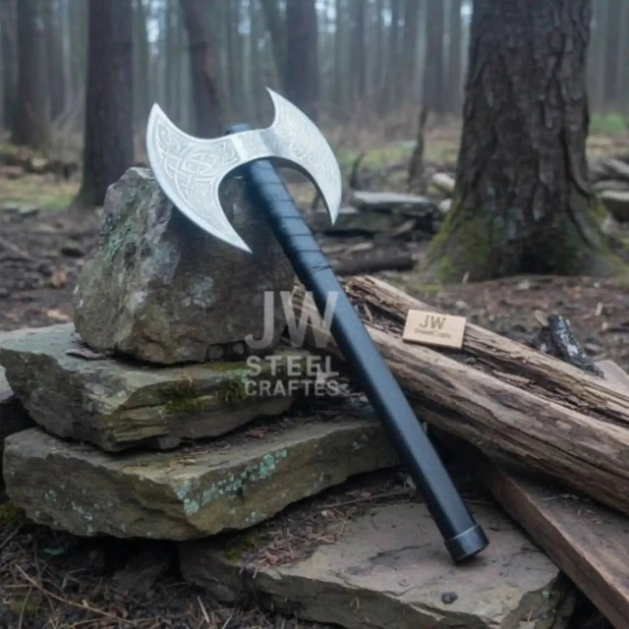 Custom Handmade Double-Headed Viking Axe with Nordic Knotwork Engravings and Cord-Wrapped Handle by JW SteelCrafts, handmade axe detail photo 2
