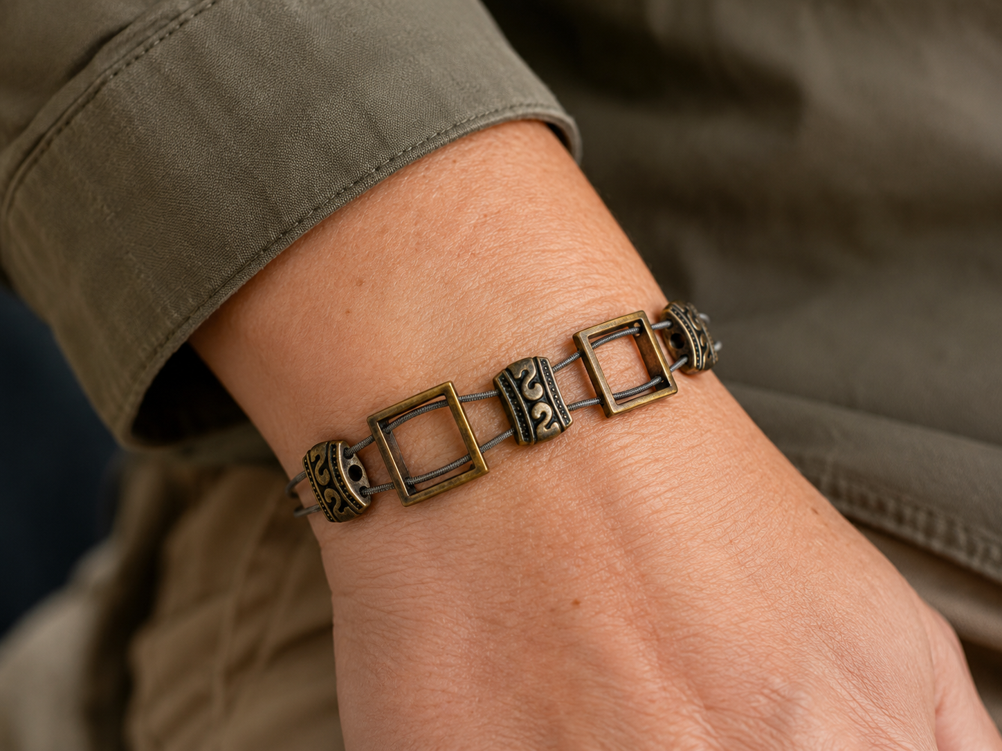 Men's brass guitar string bracelet by N Harmony Jewelry, handmade jewelry detail photo 3