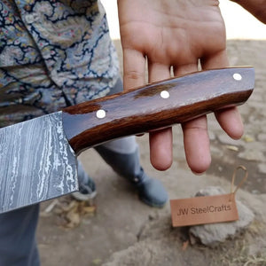 12-Inch Serbian Damascus Cleaver — Rosewood Handle & Leather Sheath by JW SteelCrafts, leather knife sheath detail photo 3