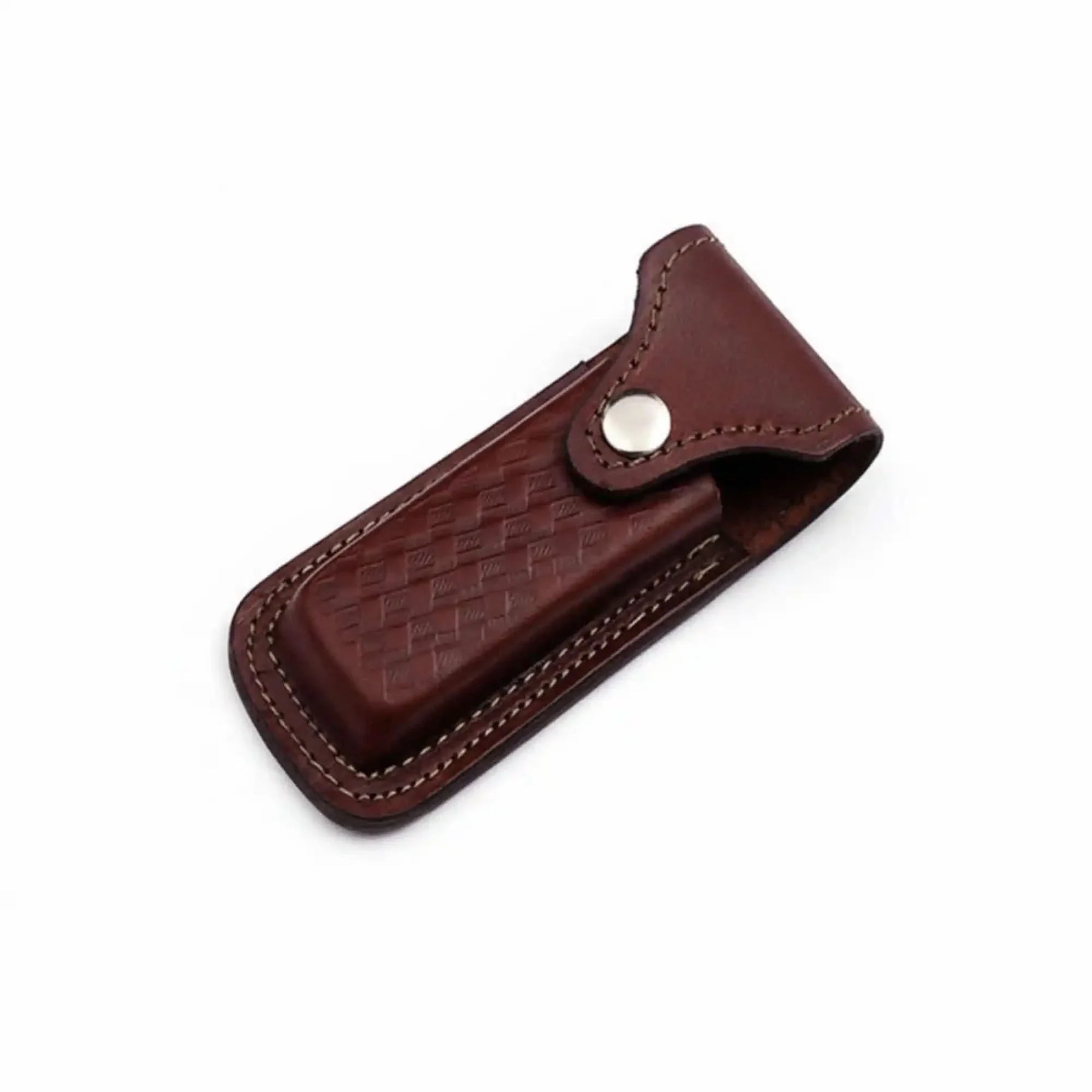 Handmade Damascus Steel Folding Knife – Engraved Brass Handle EDC Pocket Knife with Leather Sheath by JW SteelCrafts, leather knife sheath detail photo 2
