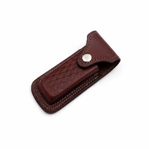 Handmade Damascus Steel Folding Knife – Engraved Brass Handle EDC Pocket Knife with Leather Sheath by JW SteelCrafts, leather knife sheath detail photo 2