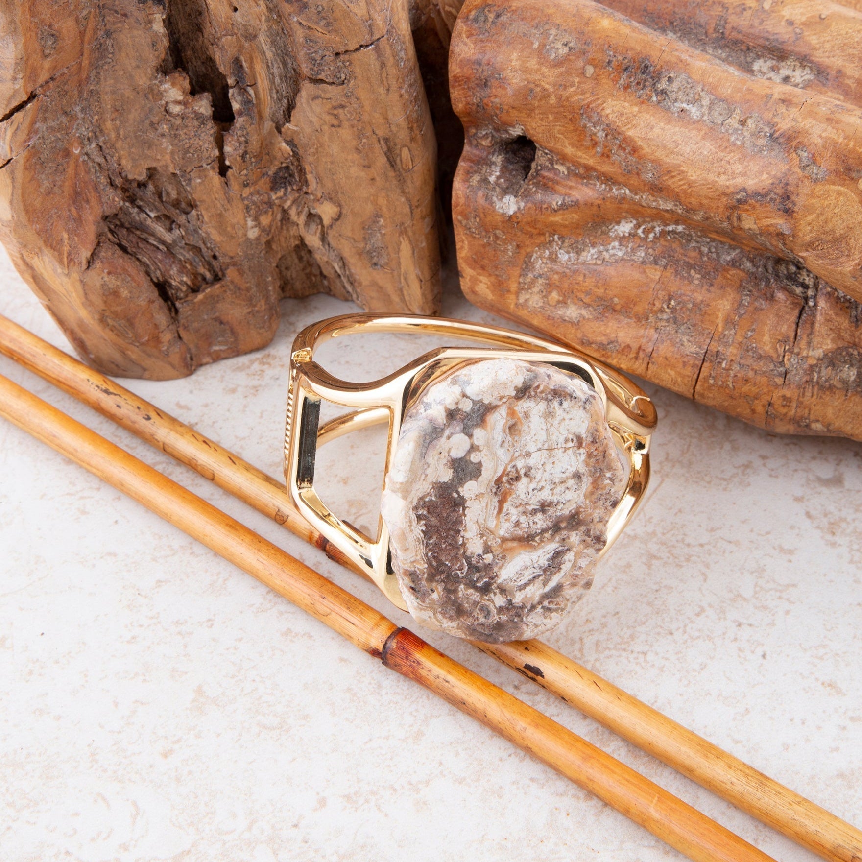 Brown Ocean Jasper Slab Golden Cuff Bracelet detail view by Barse Jewelry