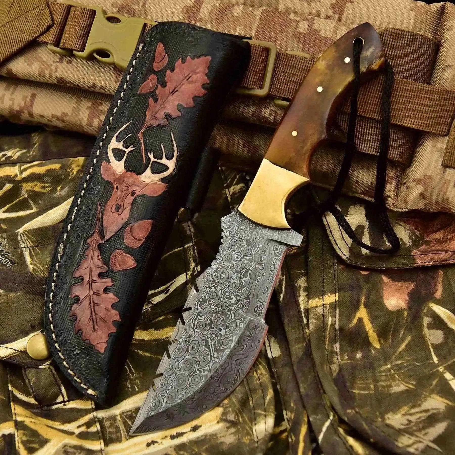 Damascus Steel Tracker Knife – Multiple Handle Colors | JW SteelCrafts by JW SteelCrafts, Damascus knife detail photo 4
