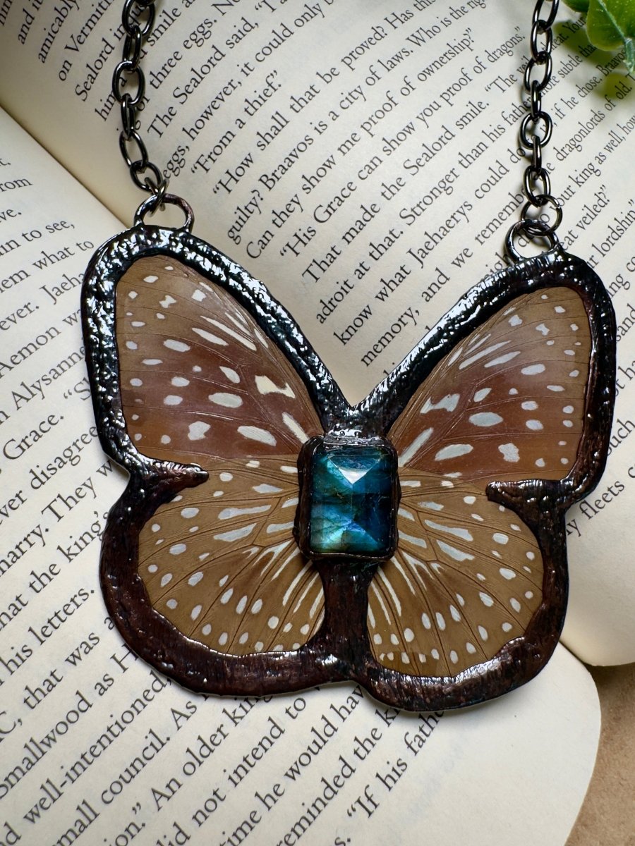 Butterfly and and Labradorite Necklace detail view by Copper Ashes