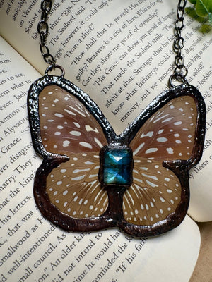 Butterfly and and Labradorite Necklace detail view by Copper Ashes