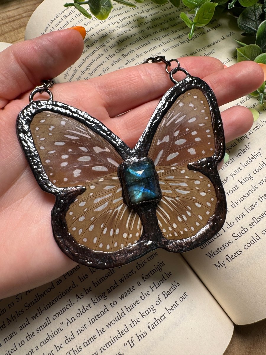 Butterfly and and Labradorite Necklace detail view by Copper Ashes