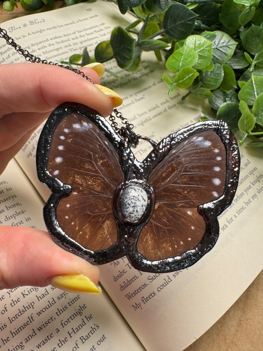 Butterfly and Dendritic Jade Necklace detail view by Copper Ashes