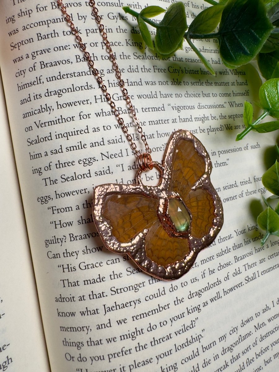 Butterfly and Fluorite Necklace detail view by Copper Ashes