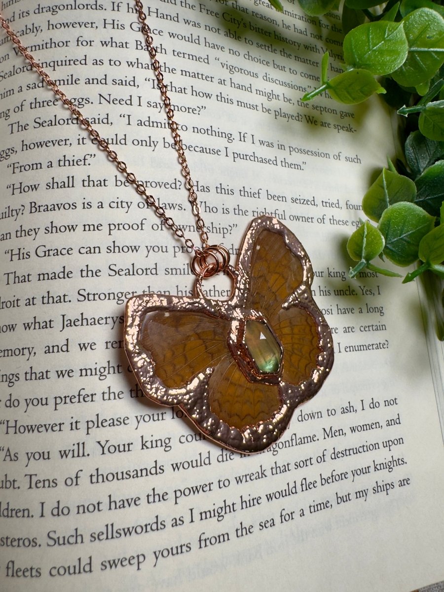 Butterfly and Fluorite Necklace detail view by Copper Ashes