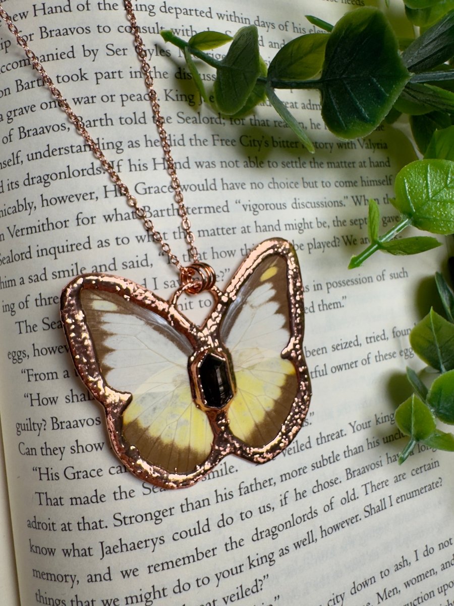Butterfly and Hypersthene Necklace detail view by Copper Ashes