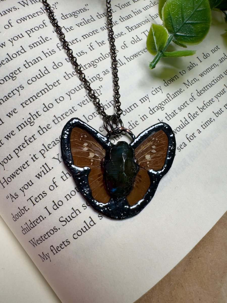 Butterfly and Labradorite Hamsa Necklace detail view by Copper Ashes
