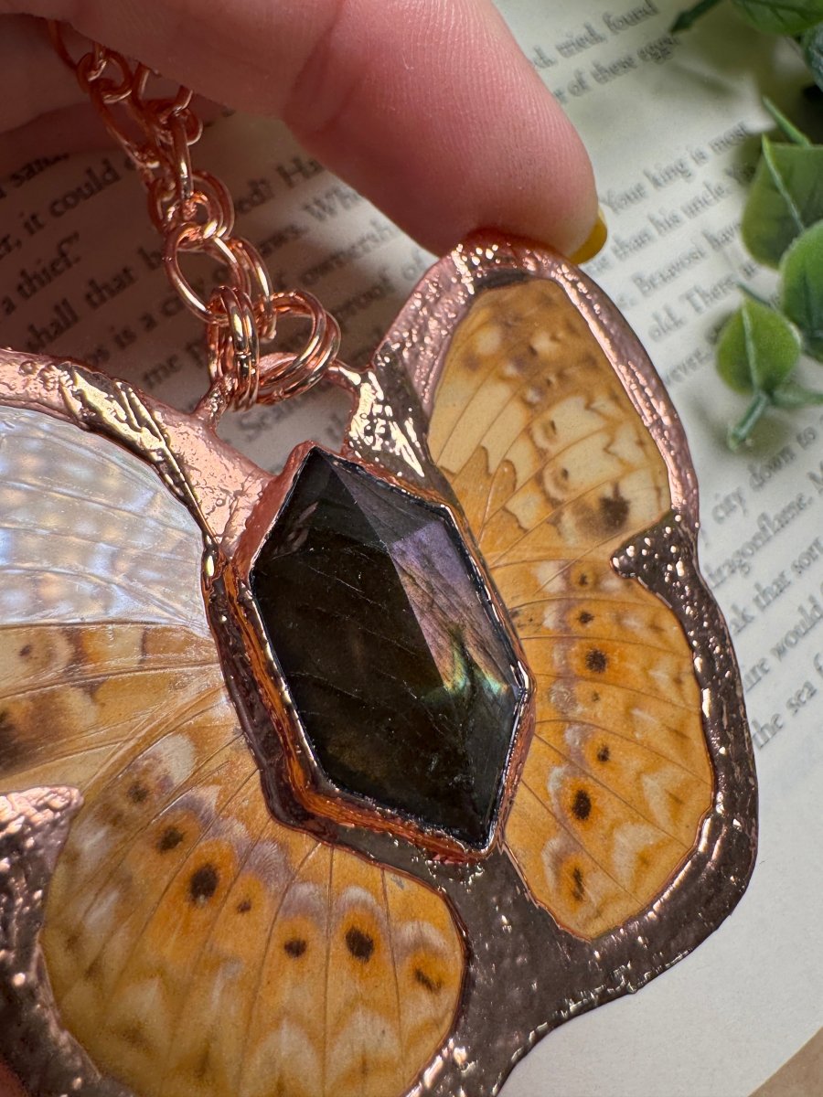 Butterfly and Labradorite Necklace detail view by Copper Ashes