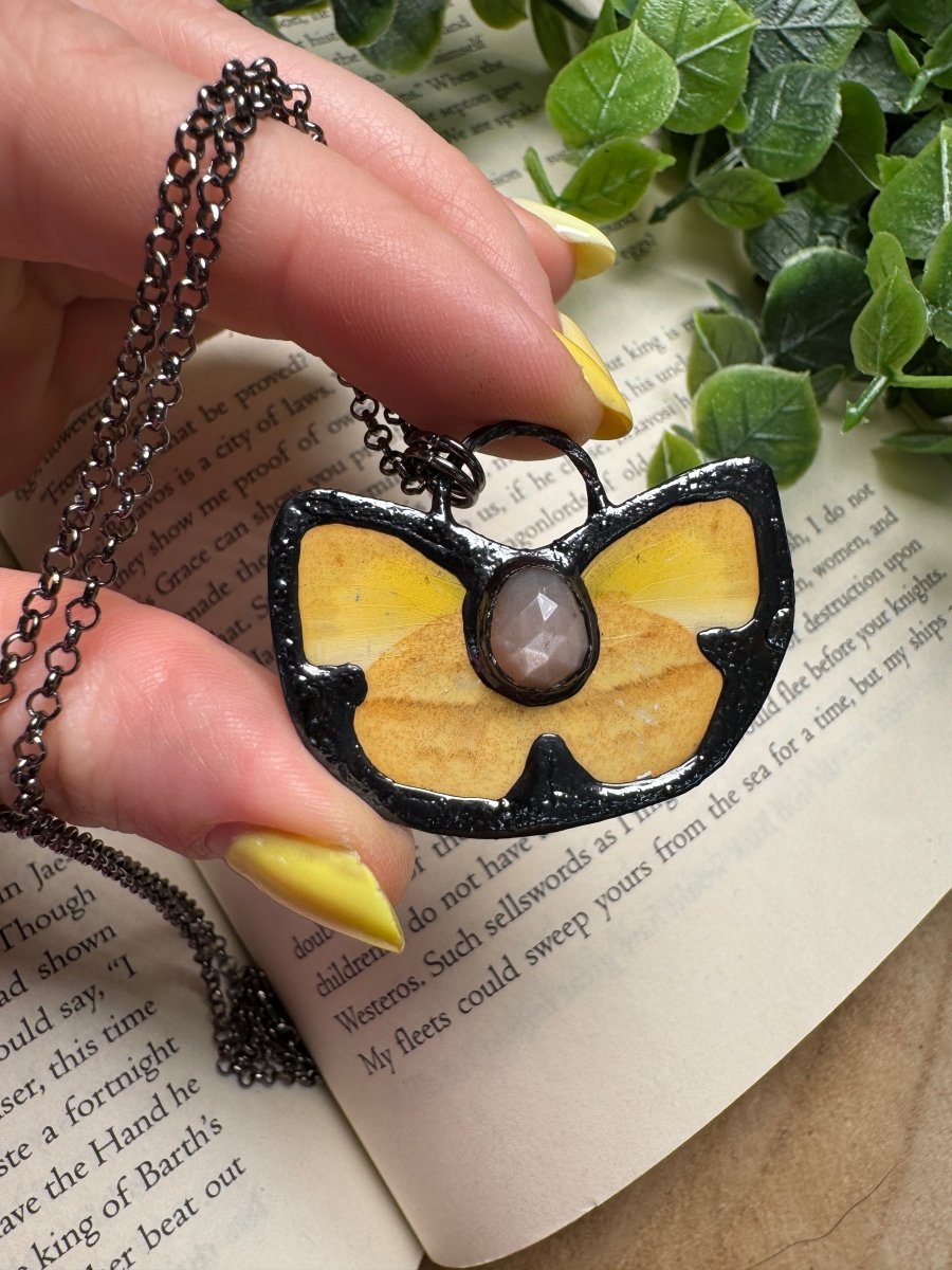 Butterfly and Peach Moonstone Necklace detail view by Copper Ashes