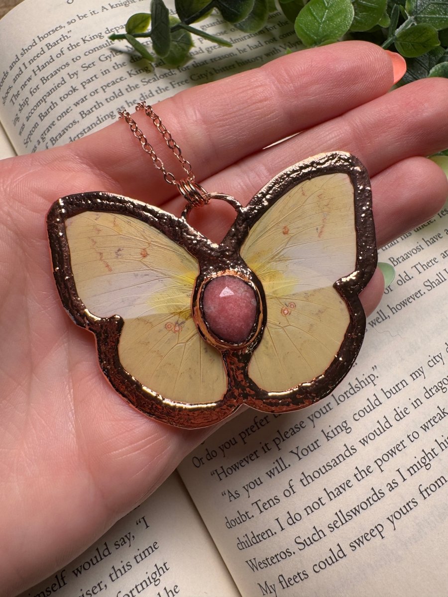 Butterfly and Rhodonite Necklace detail view by Copper Ashes