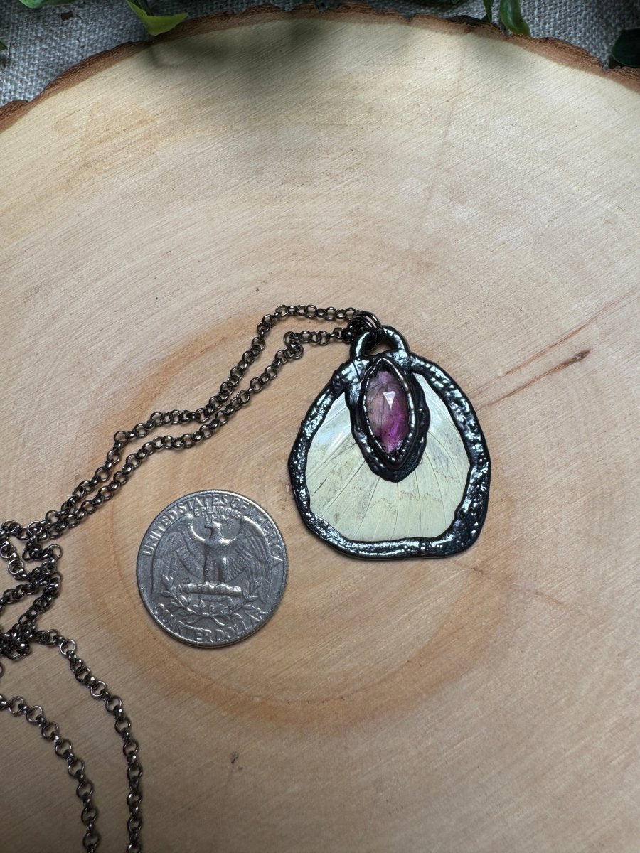 Butterfly Wing and Amethyst Necklace detail view by Copper Ashes