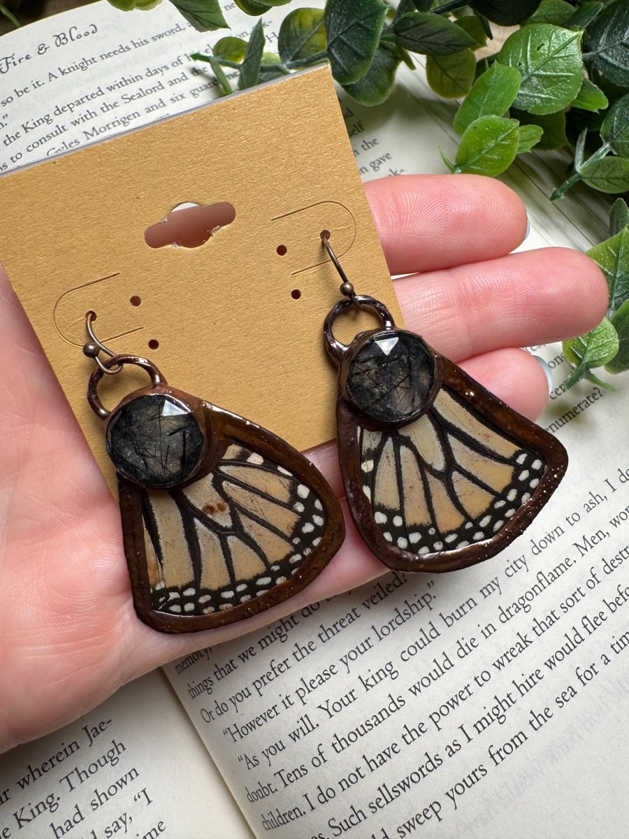 Butterfly Wing and Black Rutile Quartz Earrings by Copper Ashes