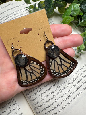 Butterfly Wing and Black Rutile Quartz Earrings by Copper Ashes