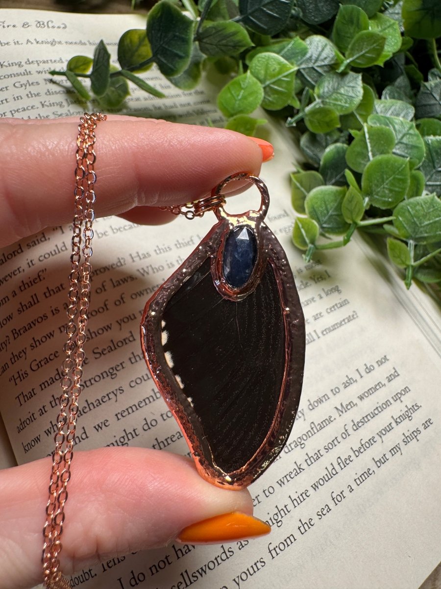 Butterfly Wing and Blue Kyanite Necklace detail view by Copper Ashes