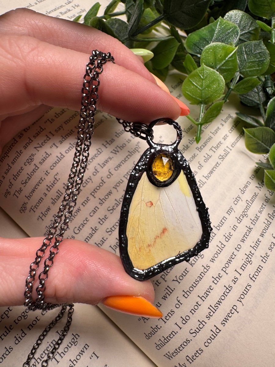 Butterfly Wing and Citrine Necklace detail view by Copper Ashes