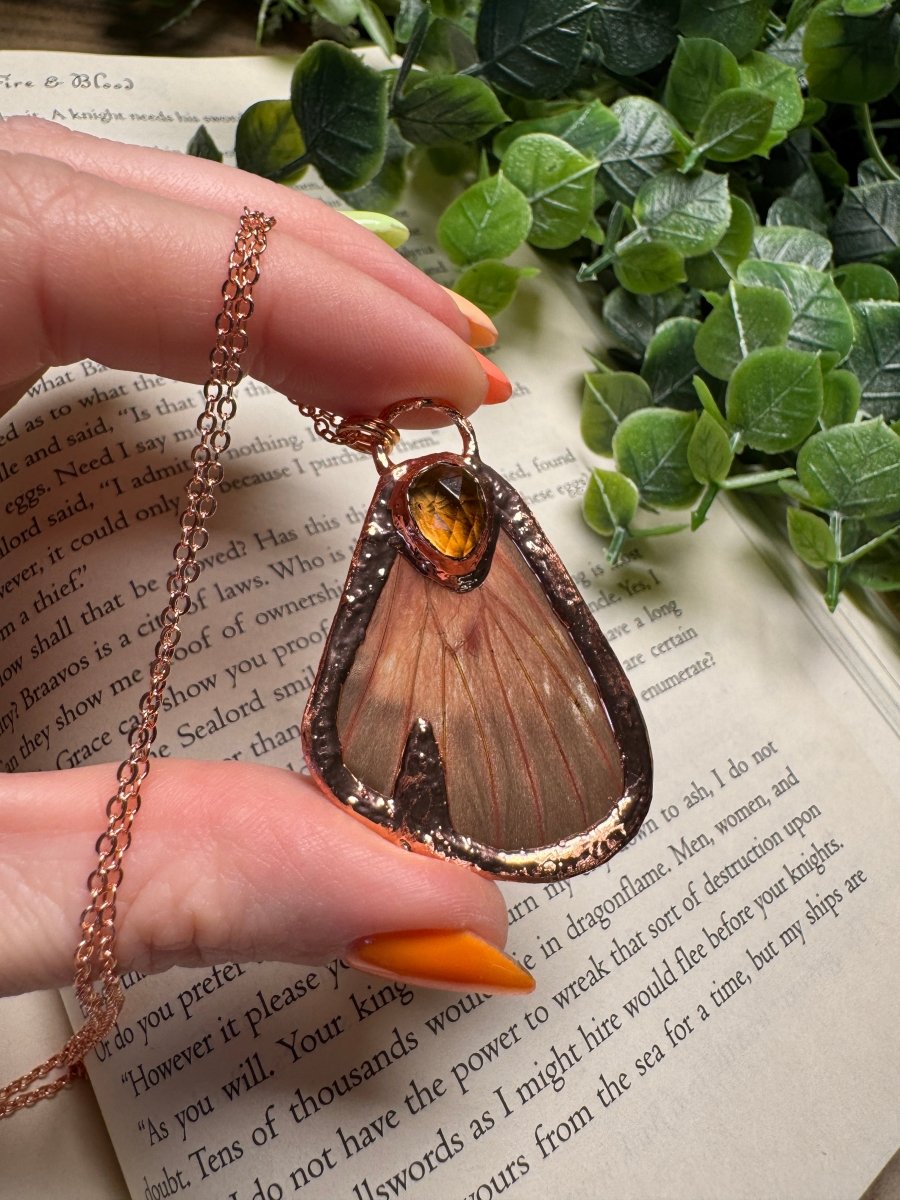 Butterfly Wing and Citrine Necklace detail view by Copper Ashes