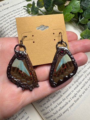 Butterfly Wing and Garnet Earrings by Copper Ashes