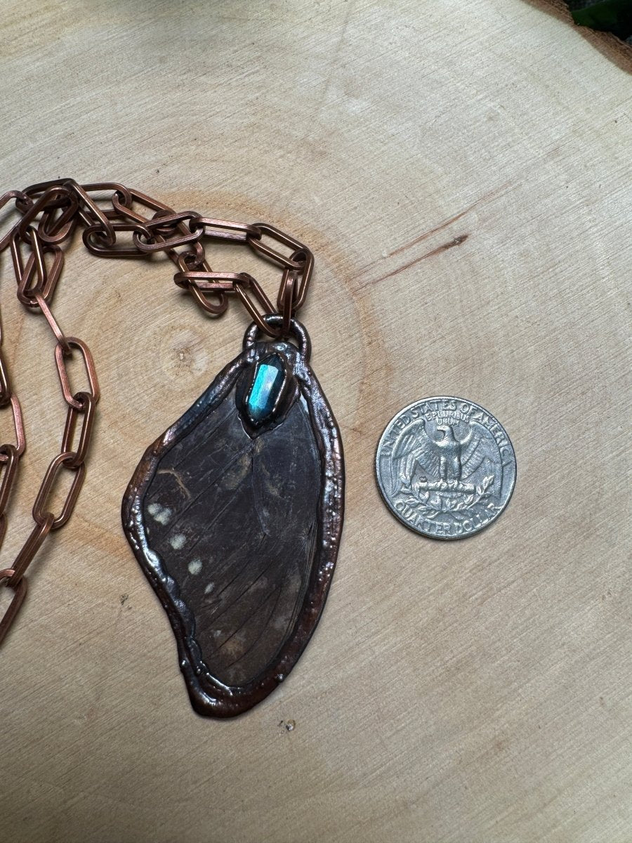 Butterfly Wing and Labradorite Necklace detail view by Copper Ashes