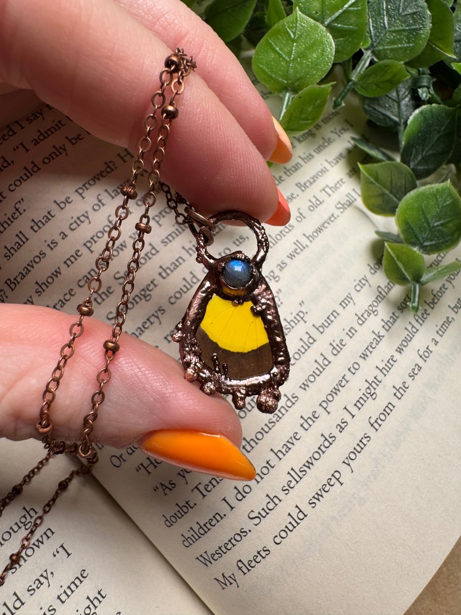 Butterfly Wing and Labradorite Necklace detail view by Copper Ashes