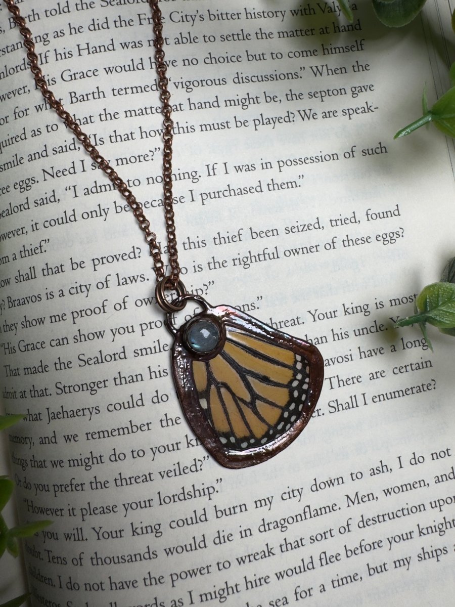 Butterfly Wing and Labradorite Necklace detail view by Copper Ashes