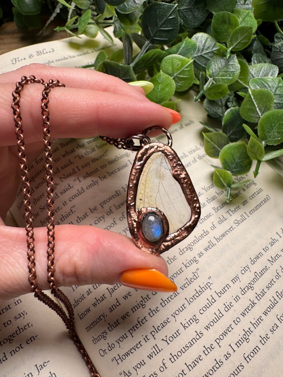 Butterfly Wing and Labradorite Necklace detail view by Copper Ashes