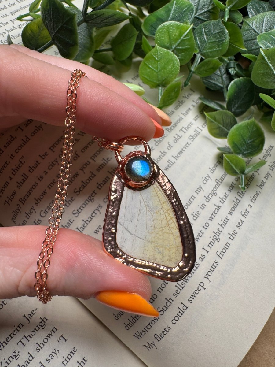 Butterfly Wing and Labradorite Necklace detail view by Copper Ashes