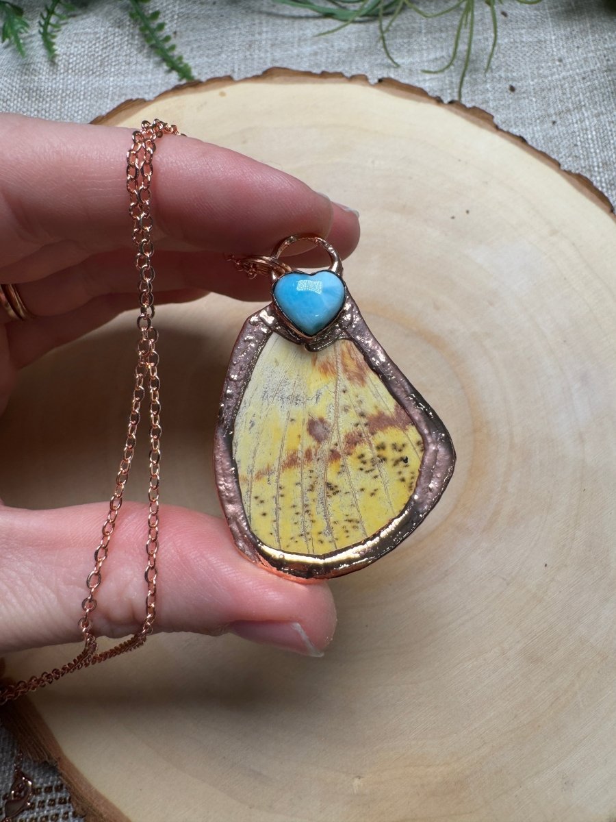 Butterfly Wing and Larimar Heart Necklace detail view by Copper Ashes