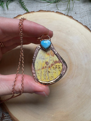 Butterfly Wing and Larimar Heart Necklace detail view by Copper Ashes