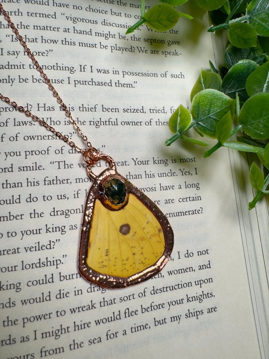 Butterfly Wing and Moss Agate Necklace detail view by Copper Ashes