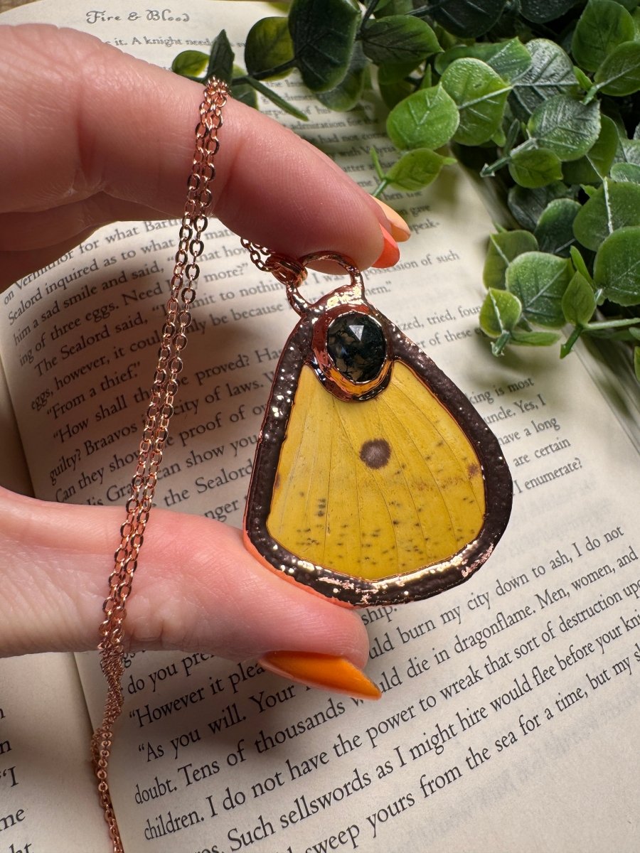 Butterfly Wing and Moss Agate Necklace by Copper Ashes