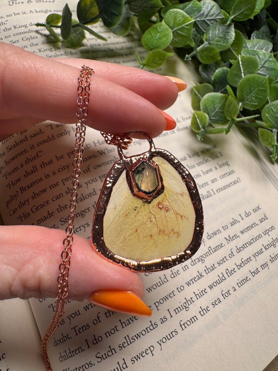 Butterfly Wing and Moss Agate Necklace detail view by Copper Ashes