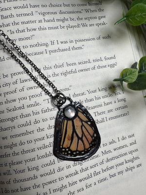 Butterfly Wing and Mother of Pearl Shell Necklace detail view by Copper Ashes