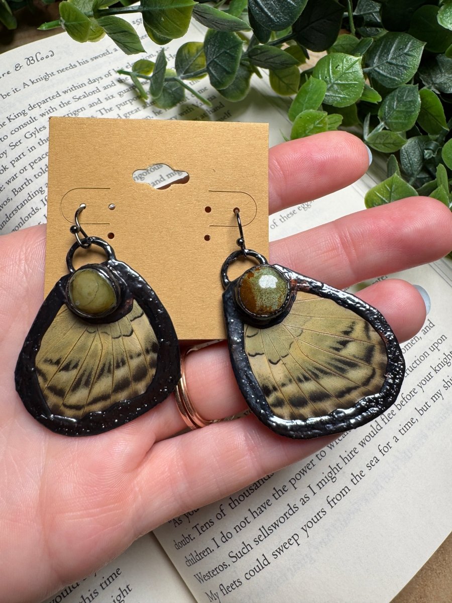 Butterfly Wing and Natural Turquoise Earrings detail view by Copper Ashes
