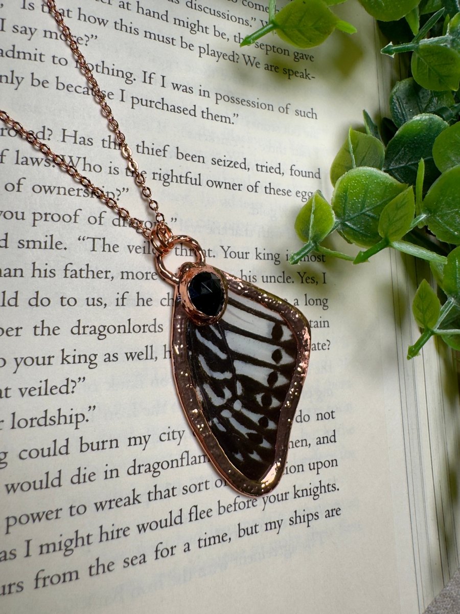 Butterfly Wing and Obsidian Necklace detail view by Copper Ashes