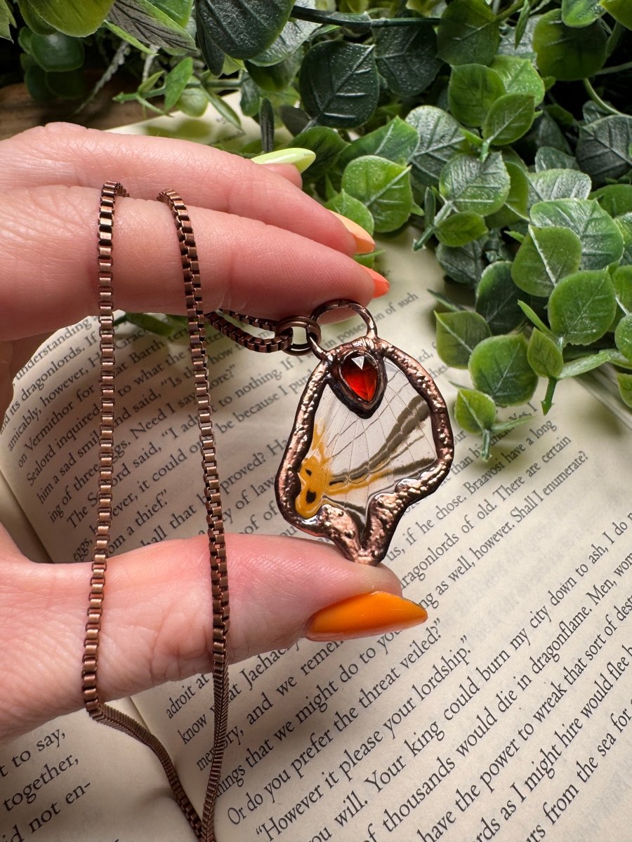 Butterfly Wing and Orange Garnet Necklace detail view by Copper Ashes