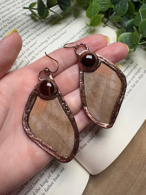Butterfly Wing and Red Tigers Eye Earrings detail view by Copper Ashes