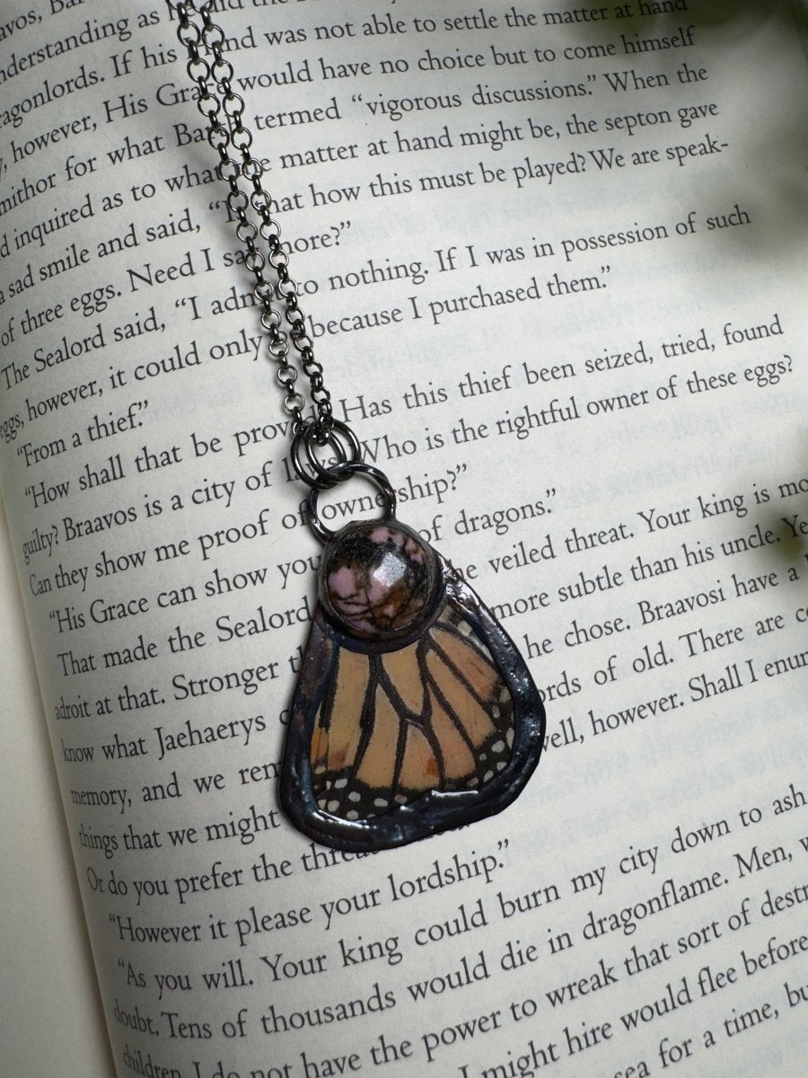 Butterfly Wing and Rhodonite Necklace detail view by Copper Ashes
