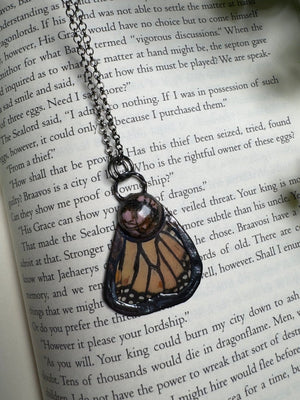 Butterfly Wing and Rhodonite Necklace detail view by Copper Ashes