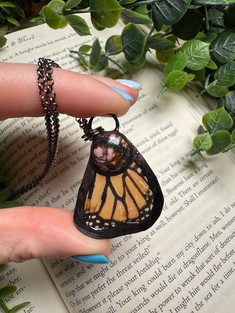 Butterfly Wing and Rhodonite Necklace by Copper Ashes