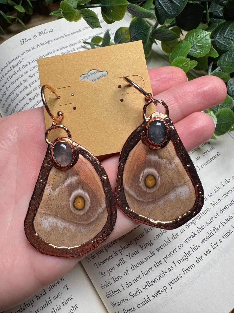 Butterfly Wing and Rose Quartz Earrings by Copper Ashes