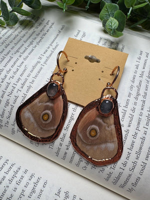 Butterfly Wing and Rose Quartz Earrings detail view by Copper Ashes