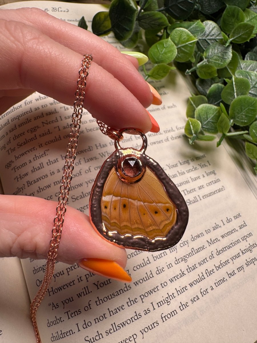 Butterfly Wing and Strawberry Quartz Necklace detail view by Copper Ashes