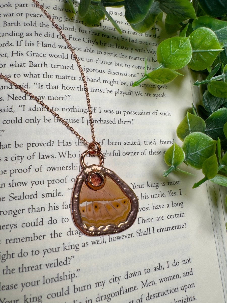 Butterfly Wing and Strawberry Quartz Necklace by Copper Ashes