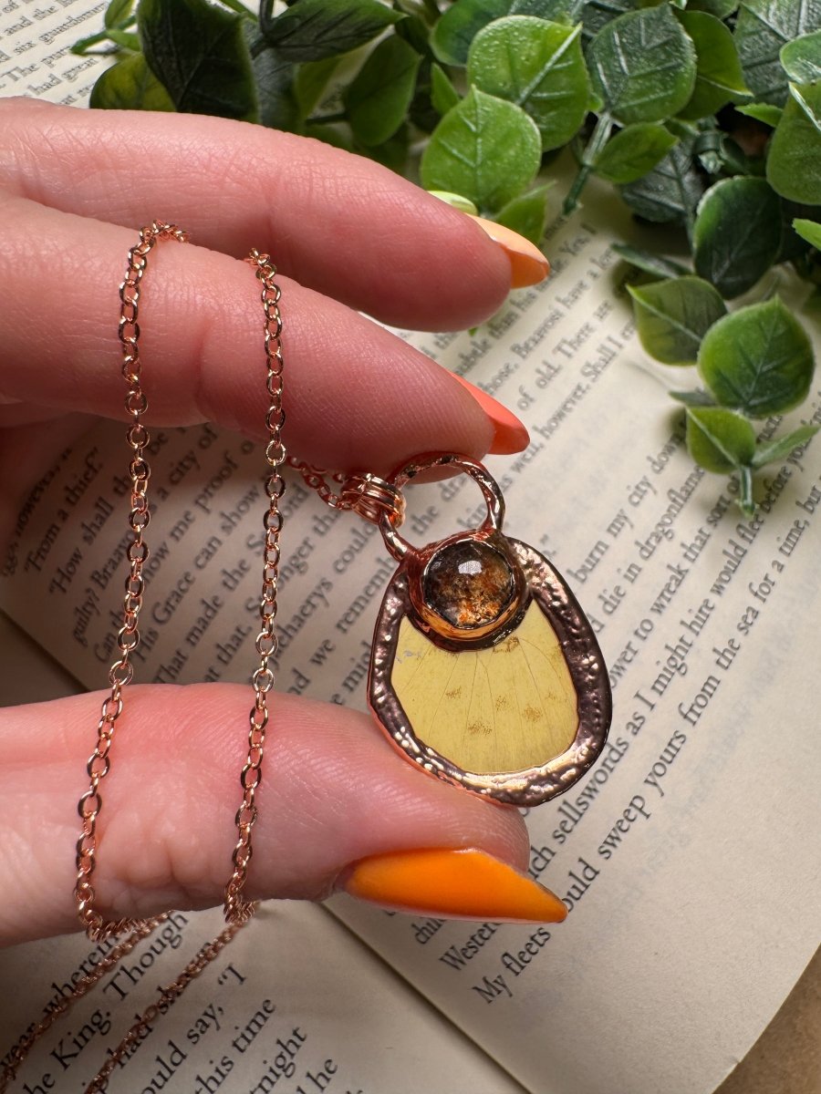 Butterfly Wing and Sunstone Necklace detail view by Copper Ashes