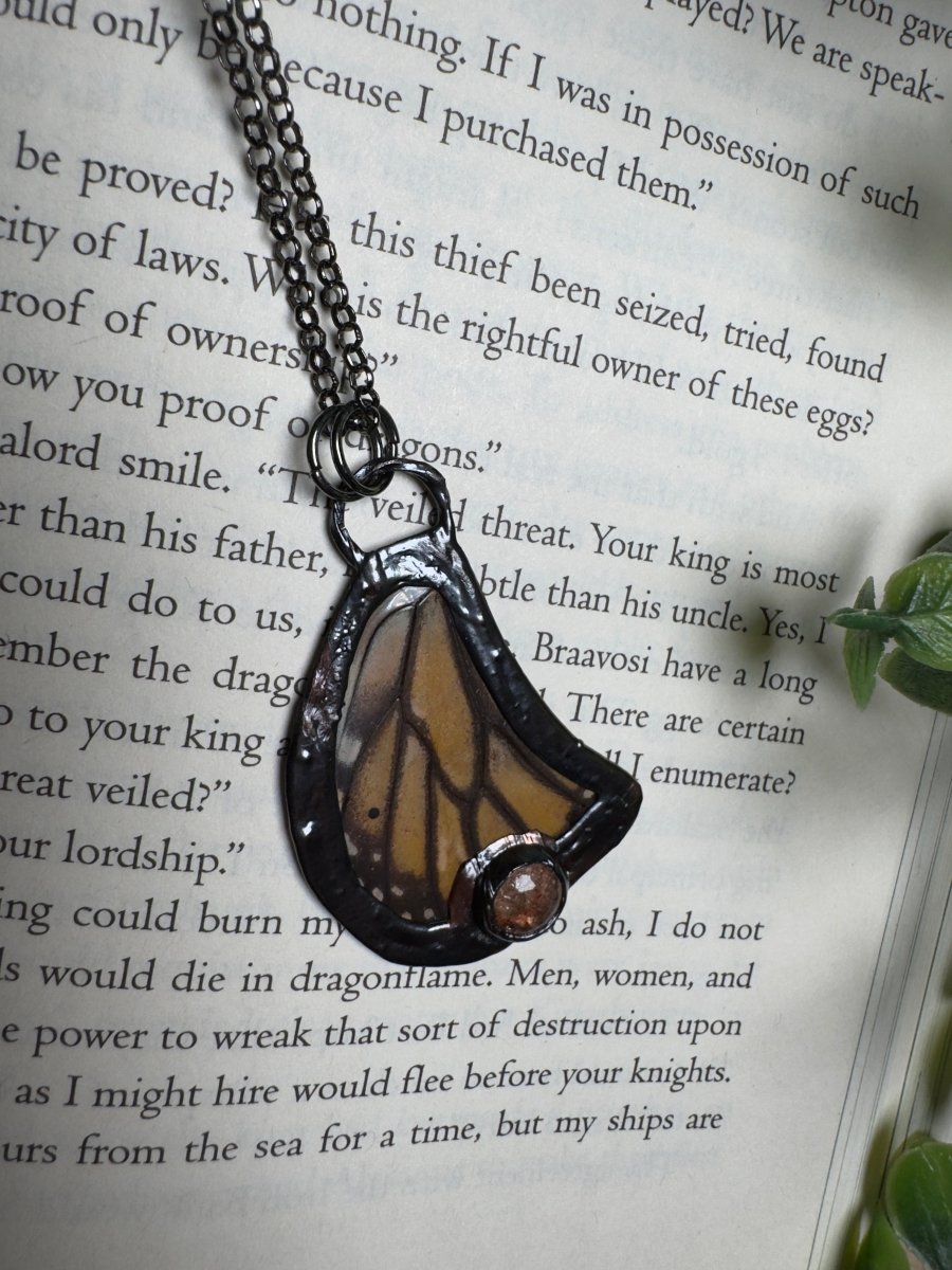 Butterfly Wing and Sunstone Necklace detail view by Copper Ashes