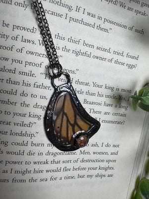 Butterfly Wing and Sunstone Necklace detail view by Copper Ashes